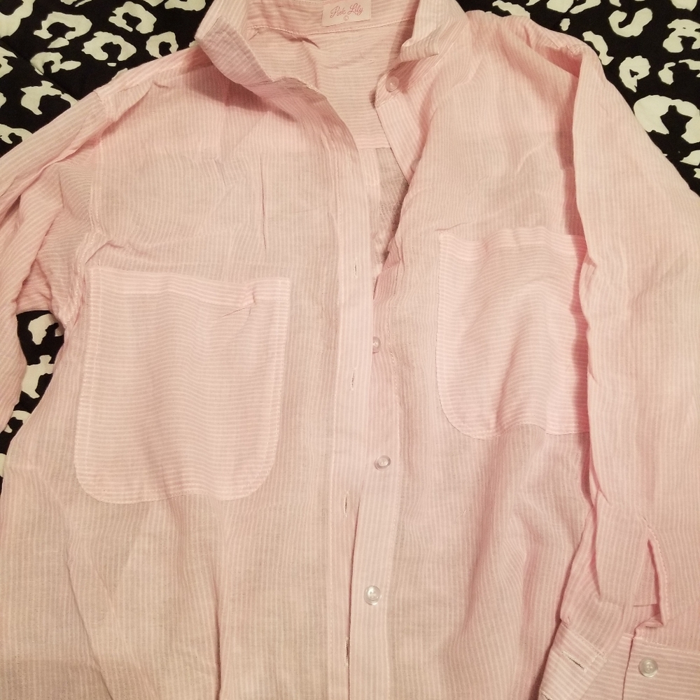 Sheer pink & white striped button-up